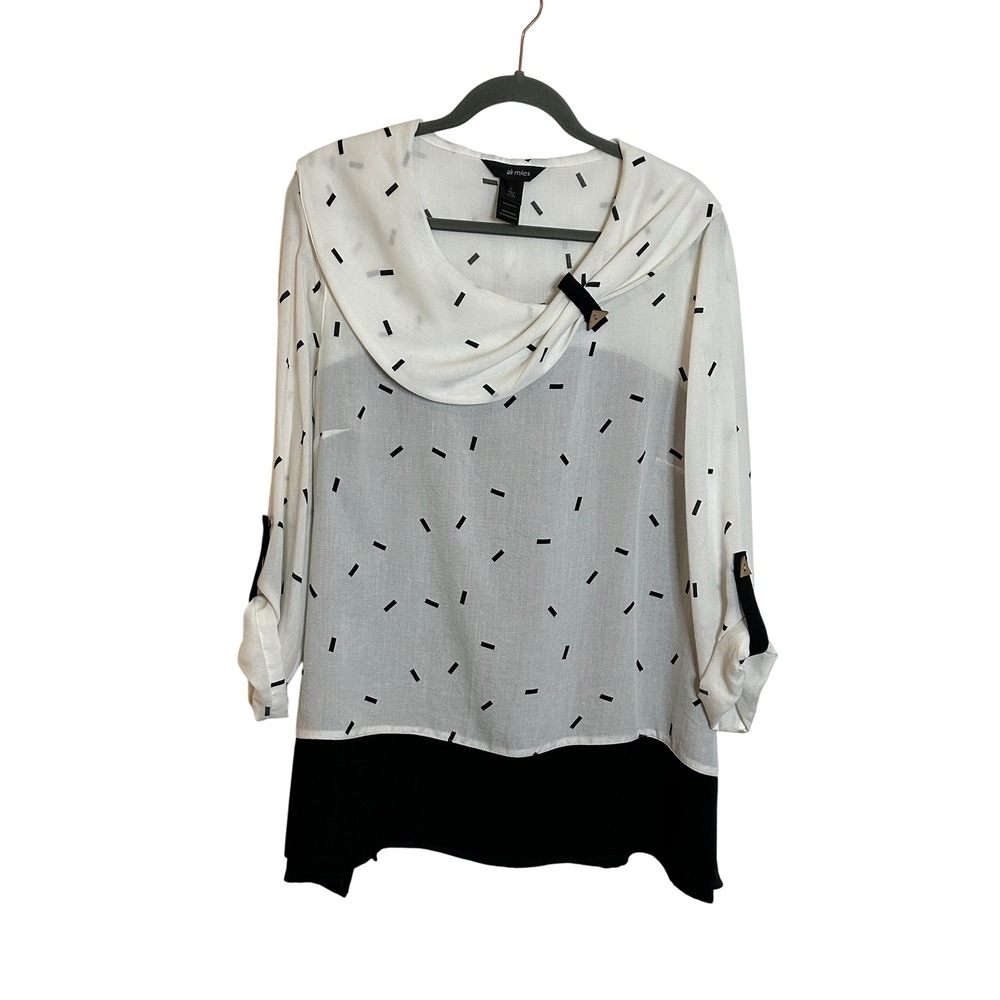 Ali Miles Draped Neck Tunic Top Size L White Black‎ Dash Print Casual Office